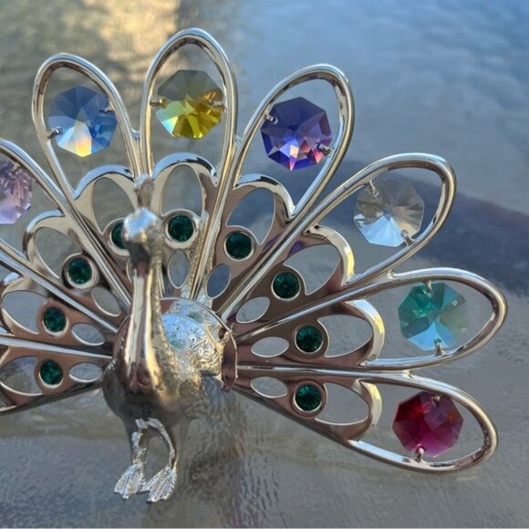 Silver Plated Peacock Figurine With Multicolored Swarovski Crystals Ornament - Picture 4 of 10